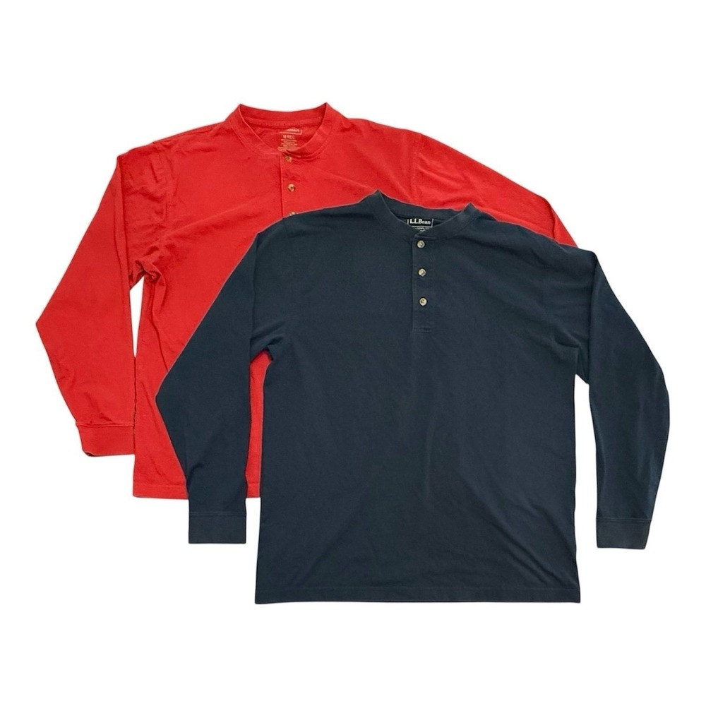L.L. Bean Carefree Unshrinkable Tee‎ Long Sleeve Henley Blue Red Lot of 2 Medium